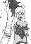  1girl ? ahoge back-to-back belt blush breasts cape cleavage commentary crossed_arms dark_elf dark_skin detached_sleeves elf greyscale height_difference large_breasts leotard monochrome muscle orc original peach_(momozen) pointy_ears sharp_teeth sword teeth thighhighs weapon 