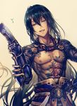  :d abs areolae black_hair chest_tattoo fate/grand_order fate_(series) gauntlets green_eyes long_hair looking_at_viewer male_focus nagatekkou open_mouth shigaraki_(strobe_blue) smile solo tattoo very_long_hair yan_qing_(fate/grand_order) 