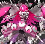  bangs black_background blue_eyes commentary crossed_arms elizabeth_bathory_(fate) elizabeth_bathory_(fate)_(all) fate/grand_order fate_(series) hair_between_eyes horns long_hair looking_at_viewer mecha mecha_eli-chan open_mouth pink_hair robot signature skirt solo sparks tail wings yang-do 