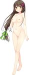  barefoot bekotarou blush breasts brown_hair eyebrows_visible_through_hair full_body hair_ornament highres large_breasts long_hair looking_at_viewer low-tied_long_hair navel newton_to_ringo_no_ki nipples non-web_source nude official_art pussy ribbon smile transparent_background tsukumo_haru_(newton_to_ringo_no_ki) yellow_eyes 