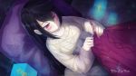  1girl ahoge black_hair blush breasts comforter hair_between_eyes highres knitting knitting_needle long_hair lying medium_breasts nail_polish needle on_back original pale_skin pillow purple_eyes purple_nails solo sweater torieto 