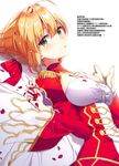  absurdres bangs blonde_hair bow breasts chinese epaulettes eyebrows_visible_through_hair fate/extra fate_(series) green_eyes hair_bow hair_bun hand_on_own_chest hard_translated highres holding long_sleeves looking_at_viewer lying masuishi_kinoto medium_breasts nero_claudius_(fate) nero_claudius_(fate)_(all) on_back open_mouth petals scan shiny simple_background solo sparkle wide_sleeves 