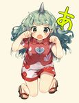  animal_ears bad_id bad_pixiv_id bare_arms bare_legs buttons cloud_print commentary_request curly_hair full_body geta green_eyes green_hair heart horn kariyushi_shirt komano_aun long_hair looking_at_viewer open_mouth paw_pose red_shirt shinoba shirt short_sleeves shorts solo touhou white_shorts 