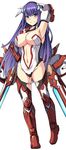  aerial_drive arm_up armpits bangs black_legwear blue_eyes blush breasts cleavage closed_mouth commentary duplicate eyebrows_visible_through_hair fate/grand_order fate_(series) headgear large_breasts leotard long_hair looking_at_viewer mecha_musume navel purple_hair saint_martha shiseki_hirame simple_background smile solo standing thighhighs thighs tsurime white_background white_leotard 