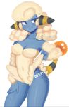  anthro big_breasts breasts clothing clothing_lift edit english_text eyelashes female humanoid mammal mareep mezmaroon nintendo pok&eacute;mon pok&eacute;mon_(species) simple_background solo standing text video_games 