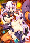  animal_ears arm_up arms_up bikini bikini_top black_skirt blush boots breasts cat_ears cat_tail character_request cleavage collarbone dengeki_hime detached_sleeves embarrassed fang fingerless_gloves flat_chest from_above gloves hair_ornament hairclip halloween halloween_costume hat jack-o'-lantern jewelry knee_boots knees_together_feet_apart koihime_musou kuwada_yuuki leaning_forward long_hair looking_up multiple_girls navel necklace official_art open_mouth orange_legwear paw_gloves paw_pose paw_shoes paws pink_hair purple_eyes shoes skirt smile striped striped_legwear swimsuit tail thighhighs watermark witch_hat 