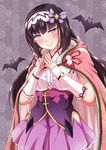  absurdres bat black_hair blush bow breasts cloak fate/grand_order fate_(series) fingerless_gloves fingers_together frilled_skirt frills gloves hair_bow hairband head_tilt highres hood hood_down hooded_cloak large_breasts long_hair looking_at_viewer origami osakabe-hime_(fate/grand_order) poruporu purple_eyes purple_skirt skirt smile solo steepled_fingers sweatdrop very_long_hair 