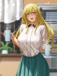  :d alternate_costume atago_(kantai_collection) bangs blonde_hair blue_eyes blurry blush breasts commentary cowboy_shot cup depth_of_field green_skirt highres holding holding_cup indoors kantai_collection large_breasts long_hair long_sleeves looking_at_viewer lvl_(sentrythe2310) open_mouth plant potted_plant round_teeth skirt sleeves_pushed_up smile solo steam tareme teeth window 