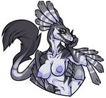 2017 akie anthro black_claws black_feathers blue_nipples breasts bust_(disambiguation) claws dinosaur feather_hair feathered_dinosaur feathers female gray_arms green_eyes grey_arms grey_body grey_feathers grey_scales half-closed_eyes hi_res looking_at_viewer markings misericorde multicolored_scales natural nipples non-mammal_breasts portrait pose raptor scales scalie seductive simple_background slit_pupils solo teeth theropod white_background white_body white_feathers white_scales 