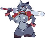  big_breasts breasts canine clothed clothing female fukmin-dx hand_on_hip legwear looking_at_viewer mammal melee_weapon skimpy solo standing sword thigh_highs topless voluptuous weapon wide_hips wolf 