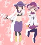  2girls black_hair blue_eyes blush breasts brown_eyes cleavage collarbone funami_yui hat medium_breasts mirakurun mirakurun_(cosplay) multiple_girls one_eye_closed pink_hair short_hair smile uza435 witch_hat yoshikawa_chinatsu yuru_yuri 