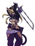  abs anthro blonde_hair blue_eyes breasts feline female hair jayecho looking_at_viewer mammal melee_weapon scar solo standing sword tattoo under_boob weapon wide_hips 