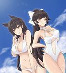  atago_(azur_lane) azur_lane bangs bare_arms bare_shoulders bikini black_hair blue_sky blunt_bangs blush bow breasts brown_eyes casual_one-piece_swimsuit choker cleavage closed_mouth cloud collarbone cowboy_shot criss-cross_halter day dutch_angle finger_to_mouth hair_bow halterneck hand_on_hip highleg highres large_breasts long_hair looking_at_viewer multiple_girls navel one-piece_swimsuit outdoors qiye_luoying sky standing stomach swimsuit takao_(azur_lane) thighs very_long_hair white_bikini white_bow white_neckwear white_swimsuit 