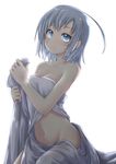  ahoge akino_coto bed_sheet blue_eyes breasts cleavage covering highres looking_at_viewer medium_breasts naked_sheet navel nude_cover original short_hair silver_hair simple_background solo white_background 