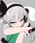  black_hairband black_ribbon breasts dual_wielding eyebrows_visible_through_hair glaring green_vest grey_background hairband hands_up holding holding_sword holding_weapon katana konpaku_youmu konpaku_youmu_(ghost) looking_at_viewer marsen pale_skin puffy_short_sleeves puffy_sleeves ribbon sanpaku short_hair short_sleeves simple_background small_breasts solo sword touhou upper_body vest weapon white_hair 
