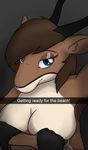  antelope anthro blue_eyes breasts brown_fur brown_hair covering covering_breasts covering_self english_text female fur gazelle grey_background hair horn looking_up mammal monohors3 nude selfie simple_background snapchat solo text 