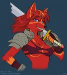  2009 armor black_nose blue_eyes broken_sword canine clothed clothing crown dreamspinner female fox fur hair mammal markings melee_weapon molly_fullin nim_(artist) orange_markings red_fur red_hair smile solo sword teeth tiara weapon 