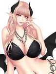  baru_(val-val) black_bra blonde_hair bra breasts commentary_request demon_girl demon_horns demon_wings earrings fingernails highres hoop_earrings horns jewelry large_breasts long_fingernails long_hair looking_at_viewer navel_piercing necklace o-ring o-ring_top piercing pink_eyes pixiv_succubus pointy_ears smile solo succubus underwear wings 