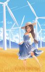  :d artist_name black_hair blue_dress blue_eyes blue_sky cloud collarbone day dress full_body hair_between_eyes hair_ribbon hat highres long_hair looking_at_viewer low-tied_long_hair open_mouth original outdoors ponytail ribbon rimuu skirt_hold sky sleeveless sleeveless_dress smile solo standing straw_hat sundress white_ribbon wind_turbine windmill 
