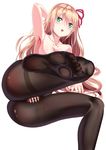  absurdres arisa_(shadowverse) arm_support arm_up armpits ass bangs bar_censor black_legwear blonde_hair breasts censored collarbone eyebrows_visible_through_hair feet gatari green_eyes hair_ornament hair_ribbon highres long_hair looking_away lying no_bra on_side open_mouth pantyhose pov_feet pussy ribbon shadowverse sidelocks simple_background soles solo spread_pussy thighband_pantyhose toes white_background 