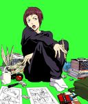  bakuman black_pants black_shirt crossed_arms eraser expressionless green_background headphones holding long_sleeves looking_away male_focus manga_(object) marker moyo_(inuchiyo) niizuma_eiji open_mouth pages pants pen pencil purple_eyes purple_hair shirt simple_background socks solo toilet_paper 