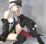  azur_lane bangs black_footwear black_legwear blush boots breasts closed_mouth coat commentary_request enterprise_(azur_lane) hair_between_eyes hat knee_boots knee_up long_hair looking_at_viewer medium_breasts miniskirt open_clothes open_coat peaked_cap shadow shiny shiny_hair sidelocks silver_hair sitting skirt solo somechime_(sometime1209) tareme thighhighs thighs 
