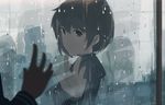 black_eyes black_hair commentary highres looking_at_viewer mifuru original outstretched_hand rain reflection sailor_collar school_uniform short_hair silhouette solo_focus window 