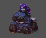  anthro armor big_breasts blush boots breasts bulge clothed clothing dickgirl fish footwear hair intersex jayecho kneeling makeup marine mascara nipple_bulge overweight purple_eyes purple_hair shark slightly_chubby smile solo technology tight_clothing 