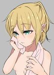  blonde_hair breasts collarbone eyebrows_visible_through_hair green_eyes grey_background half_updo hands_up marsen mizuhashi_parsee nude parted_lips pink_towel pointy_ears short_hair simple_background sketch small_breasts solo touhou towel towel_around_neck upper_body wet wiping 