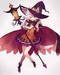  animal_ears bangs bare_legs blush boots brown_footwear cloak commentary_request dress ears_through_headwear eyebrows_visible_through_hair full_body grey_background hair_between_eyes halloween hat holding holding_staff long_hair looking_at_viewer open_mouth orange_dress original pink_hair purple_eyes shugao sidelocks simple_background solo staff tail wavy_hair witch witch_hat wrist_cuffs 