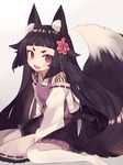  animal_ear_fluff animal_ears bangs black_hair blunt_bangs blush commentary_request fang flipped_hair flower fox_ears fox_tail frilled_skirt frills grey_background hair_flower hair_ornament japanese_clothes long_hair long_sleeves looking_to_the_side miko miko_x_kon! open_mouth red_eyes short_eyebrows shugao sidelocks signature sitting skirt smile solo tail text_focus thighhighs tsurime very_long_hair wariza wide_sleeves 