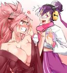  angry baiken bare_shoulders blush breasts cleavage commentary eyepatch facial_tattoo flat_chest flying_sweatdrops guilty_gear guilty_gear_xrd hair_bun headphones highres japanese_clothes kenshin187 kimono korean_clothes kum_haehyun large_breasts lifting_person long_hair multicolored_hair multiple_girls neck_grab no_bra off_shoulder one-eyed open_clothes open_kimono pink_eyes pink_hair ponytail purple_hair red_eyes scared sweatdrop tattoo two-tone_hair white_hair 
