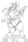  2017 anthro bat batgirl_(vimhomeless) belt big_butt boots butt clothed clothing footwear fully_clothed garisondunn gun hi_res huge_butt looking_at_viewer looking_back mammal mask monochrome ranged_weapon simple_background smile solo super_planet_dolan thick_thighs weapon white_background wide_hips 