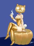  arm_tattoo bare_shoulders blue_background blue_fire boots bow bowtie breasts bunny_tail bunnysuit cleavage covered_face crossed_legs detached_collar erza_scarlet fairy_tail fire full_body gold gold_leotard halloween high_heel_boots high_heels hitodama jack-o'-lantern large_breasts long_legs mashima_hiro mask pumpkin signature sitting solo stiletto_heels tail tattoo thigh_boots thighhighs wrist_cuffs 