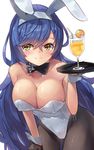  animal_ears bangs bare_shoulders blue_hair blush breasts bunny_ears bunnysuit cleavage closed_mouth cocktail cocktail_glass collarbone commentary covered_nipples cup drinking_glass drinking_straw eyebrows_visible_through_hair girls_frontline hairband highres holding holding_tray large_breasts leaning_forward leotard long_hair looking_at_viewer motokonut pantyhose simple_background smile solo swept_bangs tar-21_(girls_frontline) tray white_background white_leotard yellow_eyes 
