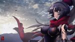  android arikanrobo backlighting bangs bare_shoulders black_hair breasts building cloud cloudy_sky commentary_request day fate/grand_order fate_(series) high_ponytail highres impossible_clothes katou_danzou_(fate/grand_order) large_breasts long_hair looking_afar outdoors parted_bangs red_scarf robot_joints scarf serious sky solo sunlight tsurime upper_body yellow_eyes 