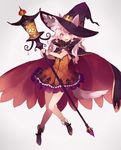  animal_ears bangs bare_legs blush boots brown_footwear cloak dress ears_through_headwear eyebrows_visible_through_hair full_body grey_background hair_between_eyes halloween hat holding holding_staff long_hair looking_at_viewer open_mouth orange_dress original pink_hair purple_eyes shugao sidelocks simple_background solo staff tail wavy_hair witch witch_hat wrist_cuffs 