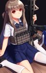  &gt;:) absurdres allenes arm_at_side asymmetrical_legwear bangs black_background black_footwear blue_neckwear blue_ribbon blue_skirt blush bow brown_hair bulletproof_vest eyebrows_visible_through_hair gun hair_ribbon highres holding holding_gun holding_weapon kneehighs loafers long_hair looking_at_viewer military_operator one_side_up original red_eyes ribbon shirt shoes short_sleeves simple_background single_kneehigh single_thighhigh sitting skirt smile solo striped striped_bow striped_neckwear thighhighs v-shaped_eyebrows very_long_hair wariza weapon white_legwear white_shirt 
