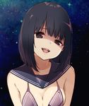  :d bad_id bad_pixiv_id bangs bare_shoulders bikini_top black_hair blue_background blunt_bangs breasts brown_eyes cleavage commentary_request gradient gradient_background half-closed_eye head_tilt lips looking_at_viewer manatsuki_manata medium_breasts open_mouth original purple_bikini_top sailor_collar shaded_face shiny shiny_skin short_hair smile solo sparkle upper_body upper_teeth 