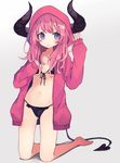  bangs bare_legs barefoot bikini black_bikini blush breasts closed_mouth collarbone commentary_request demon_girl demon_horns demon_tail eyebrows_visible_through_hair frilled_bikini frills full_body grey_background hands_up hood hood_up hoodie horns kneeling light_frown long_hair looking_up navel original pink_hair purple_eyes shugao simple_background sleeves_past_wrists small_breasts solo swimsuit tail tareme thighs 