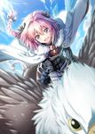  :d astolfo_(fate) bad_id bad_pixiv_id bald_eagle bangs bird black_bow blue_sky blurry blush bow cape commentary_request day depth_of_field eagle eyebrows_visible_through_hair fang fate/apocrypha fate_(series) flying fur_trim hair_bow hair_intakes highres leaning_forward long_hair looking_at_viewer male_focus multicolored_hair open_mouth otoko_no_ko outdoors pink_hair purple_eyes riding rusk_(canvas4ban) sky smile streaked_hair very_long_hair white_cape white_hair 