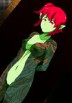 1girl artist_request blush breasts collarbone elf fang full_body_tattoo green_skin highres looking_at_viewer medium_breasts navel nipples nude pointy_ears pussy red_eyes red_hair short_hair solo tattoo tooth uncensored 