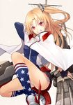  american_flag_legwear azur_lane bangs banned_artist black_skirt blonde_hair capelet cleveland_(azur_lane) commentary_request eyebrows_visible_through_hair grin knee_up kneehighs kyoeiki long_hair looking_at_viewer miniskirt multicolored multicolored_clothes multicolored_legwear panties pantyshot pantyshot_(squatting) parted_bangs parted_lips pleated_skirt red_eyes rigging side-tie_panties side_ponytail skirt smile solo squatting thighs underwear white_capelet white_panties 