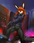  2017 anthro big_breasts breasts canine clothed clothing digital_media_(artwork) female fox fur green_eyes gun hair holding_object holding_weapon link2004 mammal orange_hair outside raining ranged_weapon red_fur solo weapon 