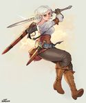  armband backlighting belt boots breasts ciri commentary eyeliner full_body gloves green_eyes highres incoming_attack knee_boots makeup medium_breasts norasuko pants parted_lips revision scabbard scar sheath shirt short_hair short_sword silver_hair solo sword the_witcher the_witcher_3 weapon 