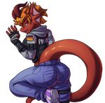  alpha_channel anthro big_tail blonde_hair bulletproof_vest butt butt_pose clothed clothing dragon female fingerless_gloves gloves hair half-closed_eyes horn invalid_tag jayecho looking_back pose simple_background smile solo transparent_background 