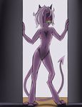  2017 5_fingers anthro biped breasts clitoris cute digital_drawing_(artwork) digital_media_(artwork) dreamkeepers female front_view fur hair hi_res horn humanoid_hands looking_at_viewer mammal mancoin namah_calah navel nipples nude pink_hair purple_eyes pussy signature simple_background small_breasts smile solo spade_tail standing 