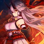  armor breasts commentary_request fate/grand_order fate_(series) floating_hair glowing headband highres horns japanese_armor long_hair medium_breasts mou_tama_maru night oni oni_horns outdoors parted_lips red_eyes shoulder_armor sideboob silver_hair sode solo tomoe_gozen_(fate/grand_order) tsurime upper_body 