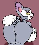  2017 anthro big_breasts big_butt breasts butt digital_media_(artwork) feline female huge_breasts huge_butt looking_back mammal mr.under nintendo nude open_mouth pok&eacute;mon pok&eacute;mon_(species) purugly simple_background smile solo thick_thighs video_games wide_hips 