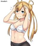  absurdres abukuma_(kantai_collection) arms_up asymmetrical_bangs bangs bare_arms bare_shoulders black_legwear blonde_hair blue_eyes blush bra breasts cleavage closed_mouth collarbone double_bun eyebrows_visible_through_hair frown hair_rings hands_on_own_head headache highres kantai_collection kiritto long_hair looking_up low_twintails medium_breasts navel panties panties_under_pantyhose pantyhose simple_background solo stomach sweat twintails underwear upper_body white_background white_bra 